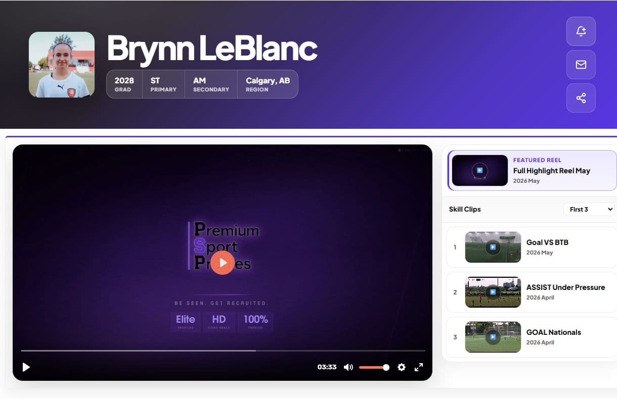 Screenshot of Brynn LeBlanc’s completed online soccer profile