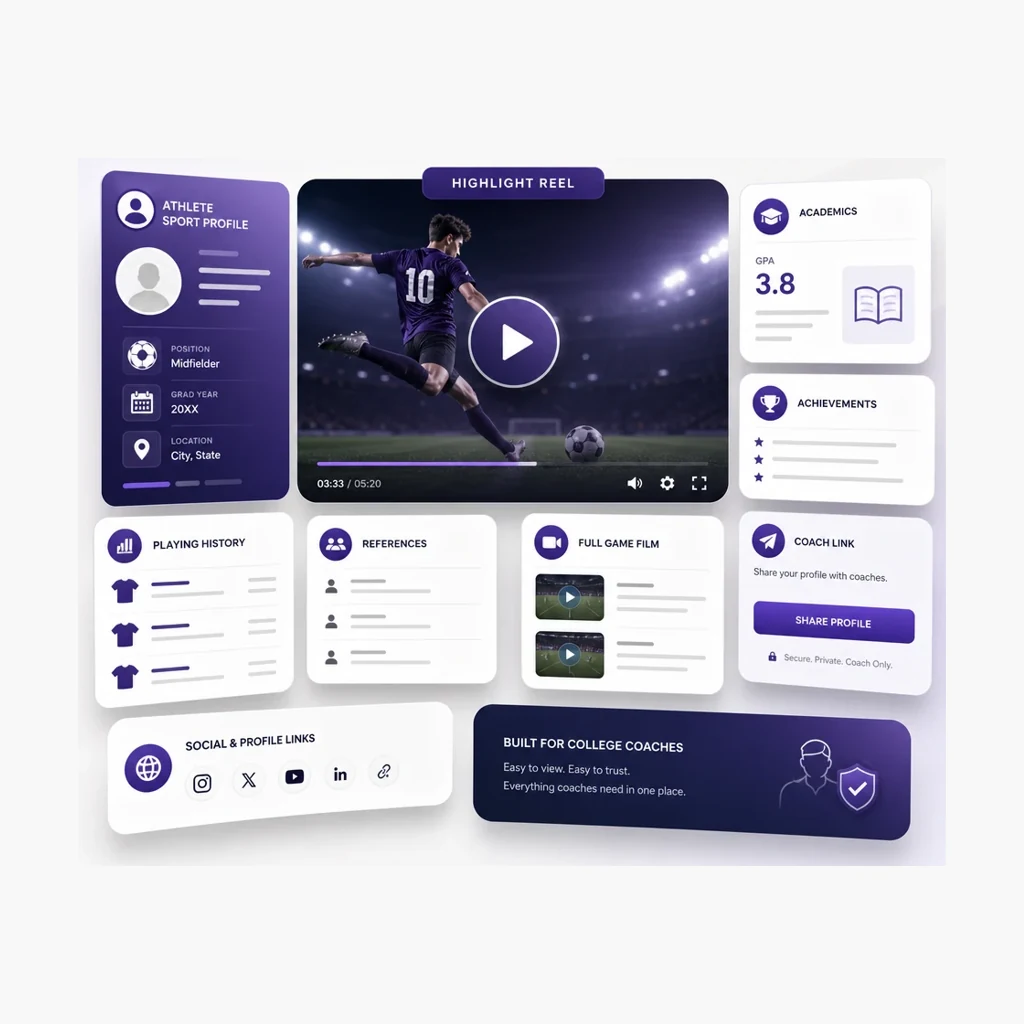 Example athlete profile layout with video and athlete information